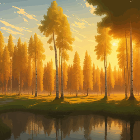 Vector illustration Autumn landscape golden alley park of birches near a pond , contemporary art impressionism abstractのイラスト素材