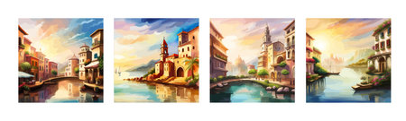 Old town street with water channel Stray vinice background, city landscape view, watercolor drawing, Vector illustration.のイラスト素材