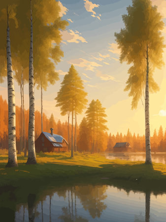 Vector illustration Autumn landscape golden alley park -modern art impressionism abstract landscape, Russian ruralのイラスト素材