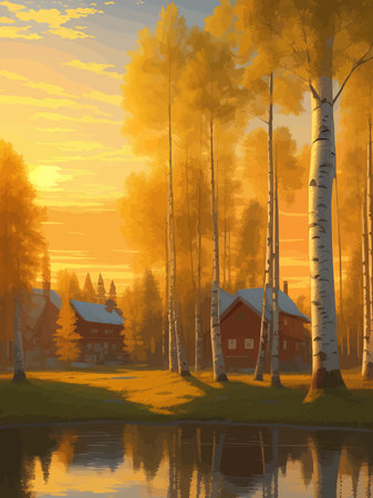 Vector illustration Autumn landscape golden alley park -modern art impressionism abstract landscape, Russian ruralのイラスト素材