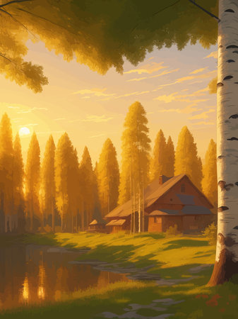 Vector illustration Autumn landscape golden alley park of birches near a pond , contemporary art impressionism abstractのイラスト素材