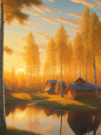 Vector illustration Autumn landscape golden alley park of birches near a pond , contemporary art impressionism abstractのイラスト素材