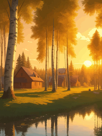 Vector illustration Autumn landscape golden alley park of birches near a pond , contemporary art impressionism abstractのイラスト素材