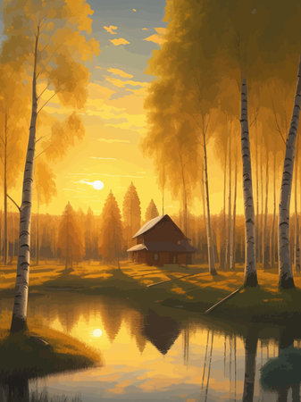 Vector illustration Autumn landscape golden alley park -modern art impressionism abstract landscape, Russian ruralのイラスト素材