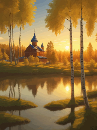 Vector illustration Autumn landscape golden alley park -modern art impressionism abstract landscape, Russian ruralのイラスト素材