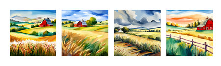 Farm on a hill with yellow or golden wheat field in a watercolor style, agriculture, cultivation, countryside, fieldのイラスト素材