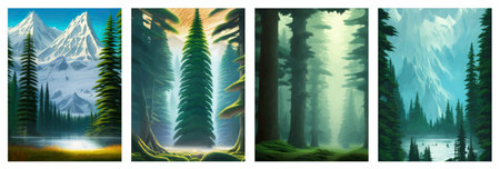 Landscape in scandinavian arctic forest, pine trees and snowy sunset, matte painting vector illustrationの写真素材