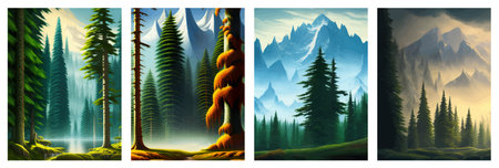 Landscape in scandinavian arctic forest, pine trees and snowy sunset, matte painting vector illustrationの写真素材