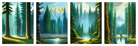 Landscape in scandinavian arctic forest, pine trees and snowy sunset, matte painting vector illustrationの写真素材