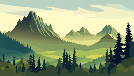 Mountain forests with autumn pines, forest clearing with grassy patches and dreamy cloud cover, beautiful vastのイラスト素材