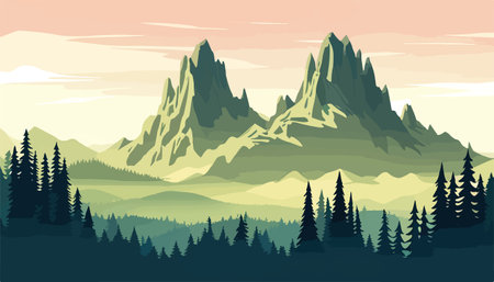 Mountain forests with autumn pines, forest clearing with grassy patches and dreamy cloud cover, beautiful vastのイラスト素材