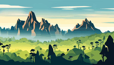 Mountain forests with autumn pines, forest clearing with grassy patches and dreamy cloud cover, beautiful vastのイラスト素材