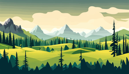 Mountain forests with autumn pines, forest clearing with grassy patches and dreamy cloud cover, beautiful vastのイラスト素材