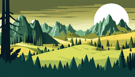 Mountain forests with autumn pines, forest clearing with grassy patches and dreamy cloud cover, beautiful vastのイラスト素材