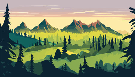 Mountain forests with autumn pines, forest clearing with grassy patches and dreamy cloud cover, beautiful vastのイラスト素材