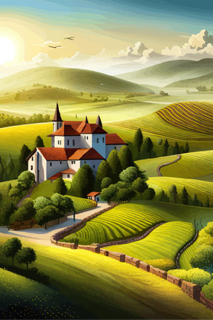 Italy landscape with houses, fields, and trees in the background. Vector illustration. Flat design poster. Europeanのイラスト素材