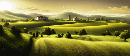 Italy landscape with houses, fields, and trees in the background. Vector illustration. Flat design poster. Europeanのイラスト素材