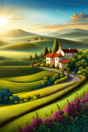 Italy landscape with houses, fields, and trees in the background. Vector illustration. Flat design poster. Europeanのイラスト素材