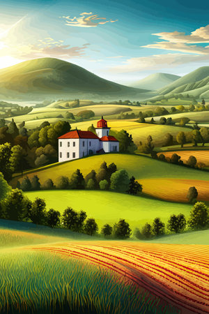 Italy landscape with houses, fields, and trees in the background. Vector illustration. Flat design poster. Europeanのイラスト素材