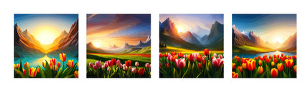 Spring landscape field tulips against backdrop mountains. Huge field colorful tulips, sky with clouds and sunset with sunbeams.のイラスト素材