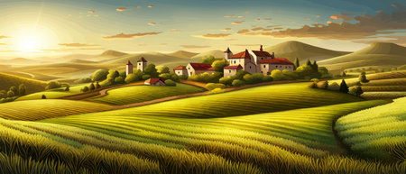 Italy landscape with houses, fields, and trees in the background. Vector illustration. Flat design poster. Europeanのイラスト素材