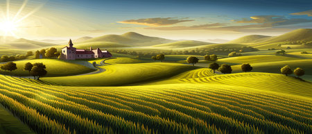 Italy landscape with houses, fields, and trees in the background. Vector illustration. Flat design poster. Europeanのイラスト素材
