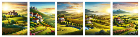 Italy landscape with houses, fields, and trees in the background. Vector illustration. Flat design poster. Europeanの写真素材