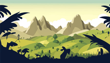 Mountain forests with autumn pines, forest clearing with grassy patches and dreamy cloud cover, beautiful vastのイラスト素材