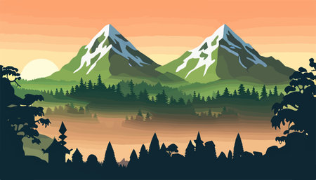 Mountain forests with autumn pines, forest clearing with grassy patches and dreamy cloud cover, beautiful vastのイラスト素材
