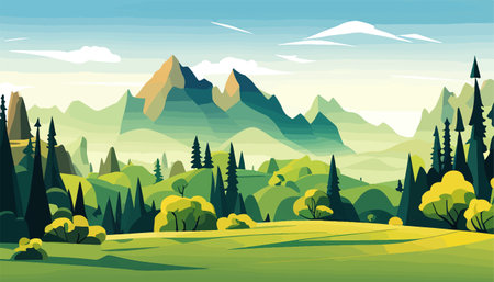 Mountain forests with autumn pines, forest clearing with grassy patches and dreamy cloud cover, beautiful vastのイラスト素材