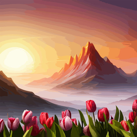 Spring landscape field tulips against backdrop mountains. Huge field colorful tulips, sky with clouds and sunset with sunbeams.のイラスト素材