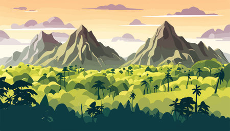 Mountain forests with autumn pines, forest clearing with grassy patches and dreamy cloud cover, beautiful vastのイラスト素材