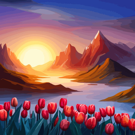 Spring landscape field tulips against backdrop mountains. Huge field colorful tulips, sky with clouds and sunset with sunbeams.のイラスト素材
