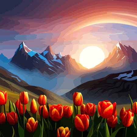 Spring landscape field tulips against backdrop mountains. Huge field colorful tulips, sky with clouds and sunset with sunbeams.のイラスト素材