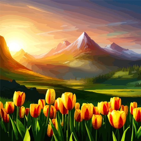 Spring landscape field tulips against backdrop mountains. Huge field colorful tulips, sky with clouds and sunset with sunbeams.の素材