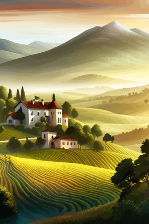 Italy landscape with houses, fields, and trees in the background. Vector illustration. Flat design poster. Europeanのイラスト素材