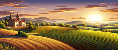 Italy landscape with houses, fields, and trees in the background. Vector illustration. Flat design poster. Europeanのイラスト素材