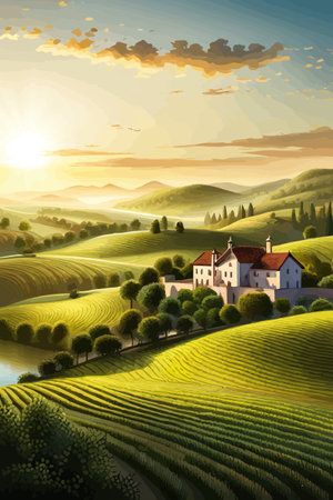Italy landscape with houses, fields, and trees in the background. Vector illustration. Flat design poster. Europeanのイラスト素材