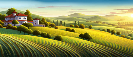 Italy landscape with houses, fields, and trees in the background. Vector illustration. Flat design poster. Europeanのイラスト素材