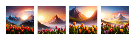 Spring landscape field tulips against backdrop mountains. Huge field colorful tulips, sky with clouds and sunset with sunbeams.のイラスト素材