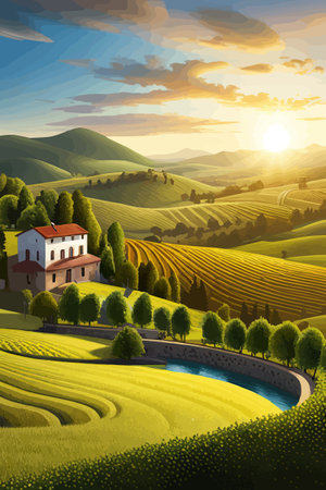 Italy landscape with houses, fields, and trees in the background. Vector illustration. Flat design poster. Europeanのイラスト素材