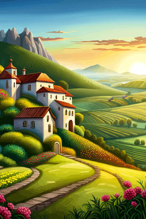 Italy landscape with houses, fields, and trees in the background. Vector illustration. Flat design poster. Europeanのイラスト素材