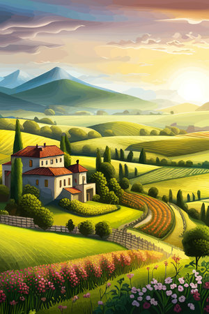 Italy landscape with houses, fields, and trees in the background. Vector illustration. Flat design poster. Europeanのイラスト素材