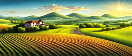 Italy landscape with houses, fields, and trees in the background. Vector illustration. Flat design poster. Europeanのイラスト素材