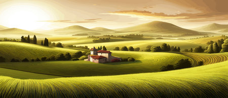 Italy landscape with houses, fields, and trees in the background. Vector illustration. Flat design poster. Europeanのイラスト素材