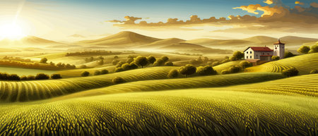 Italy landscape with houses, fields, and trees in the background. Vector illustration. Flat design poster. Europeanのイラスト素材