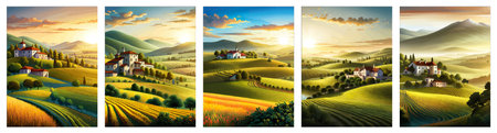 Italy landscape with houses, fields, and trees in the background. Vector illustration. Flat design poster. Europeanの写真素材
