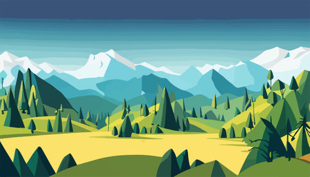 Mountain forests with autumn pines, forest clearing with grassy patches and dreamy cloud cover, beautiful vastのイラスト素材