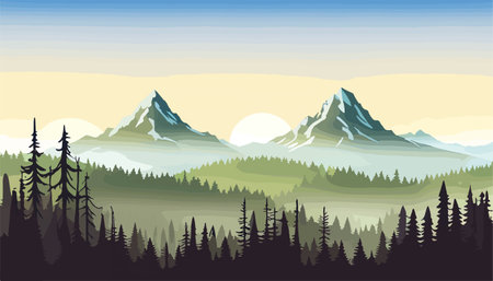 Mountain forests with autumn pines, forest clearing with grassy patches and dreamy cloud cover, beautiful vastのイラスト素材