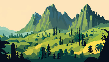 Mountain forests with autumn pines, forest clearing with grassy patches and dreamy cloud cover, beautiful vastのイラスト素材
